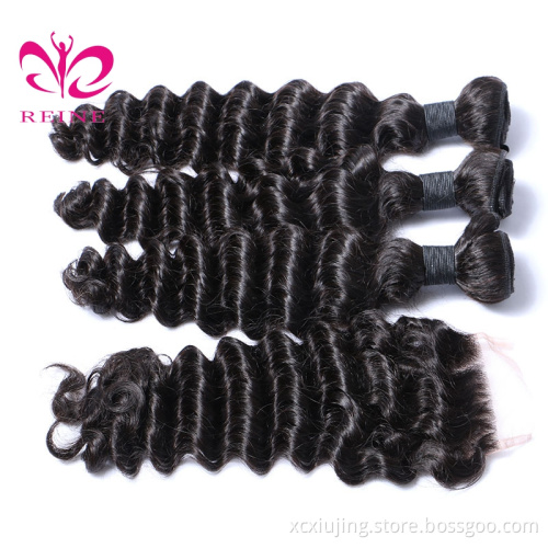 Virgin Indian Cuticle Aligned Hair Deep Wave Curly Closure with Baby Hair 10A Unprocessed Human Hair Bundles Extensions